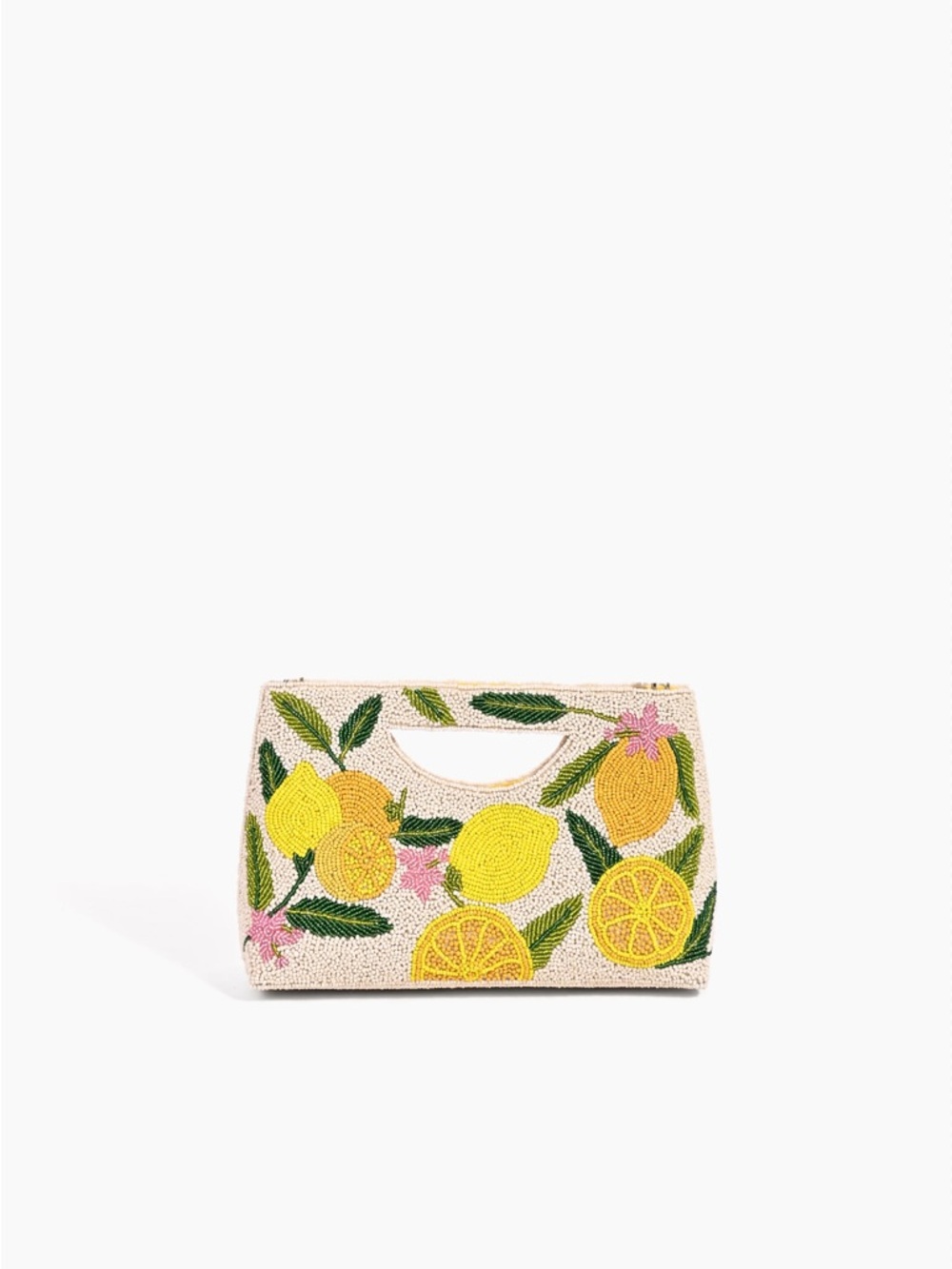 Beaded Lemon Print Handbag - Cream/Yellow